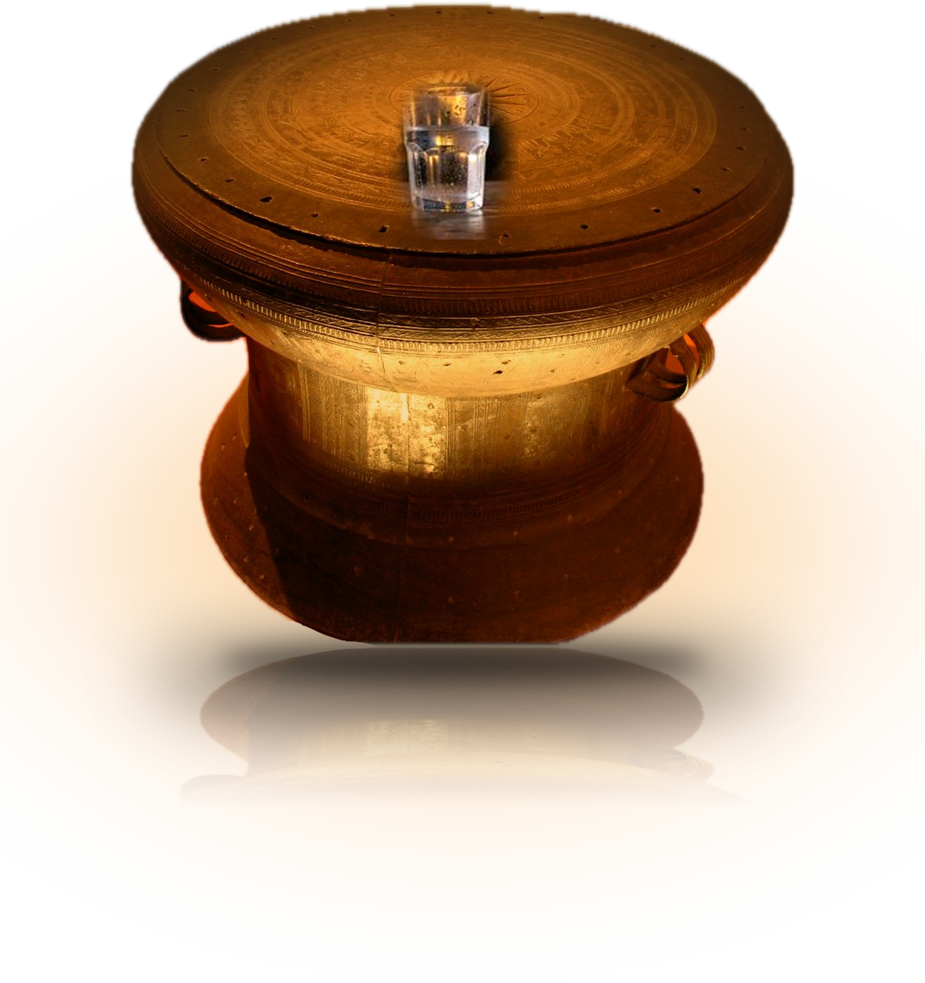 A Dong Son bronze drum as a bia hoi table, one cold glass on top, glowing in the dark